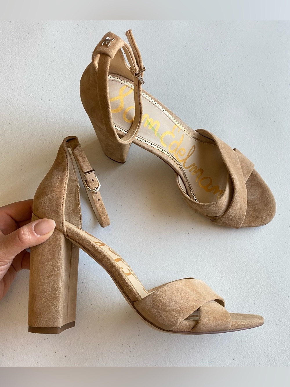 Sam Edelman Size 10 Nude Beige Faux Suede Single Strap Ankle Closure Block Heel